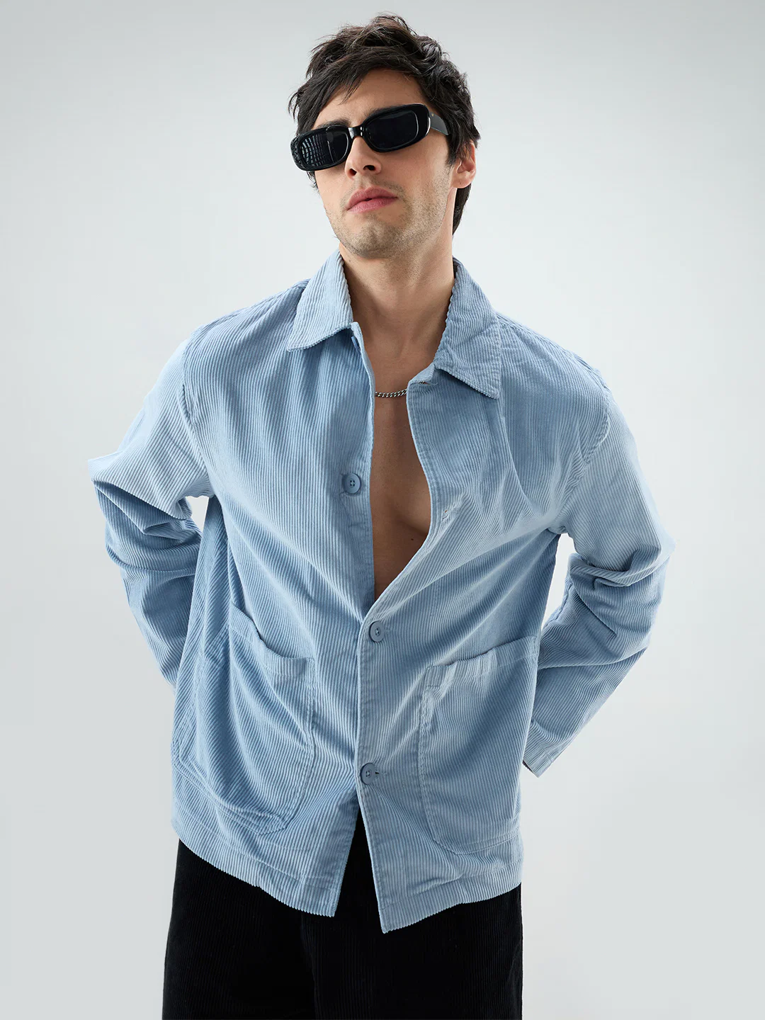 Exquisite Blue Corduroy Double Pocket Oversized Shacket - Image 2