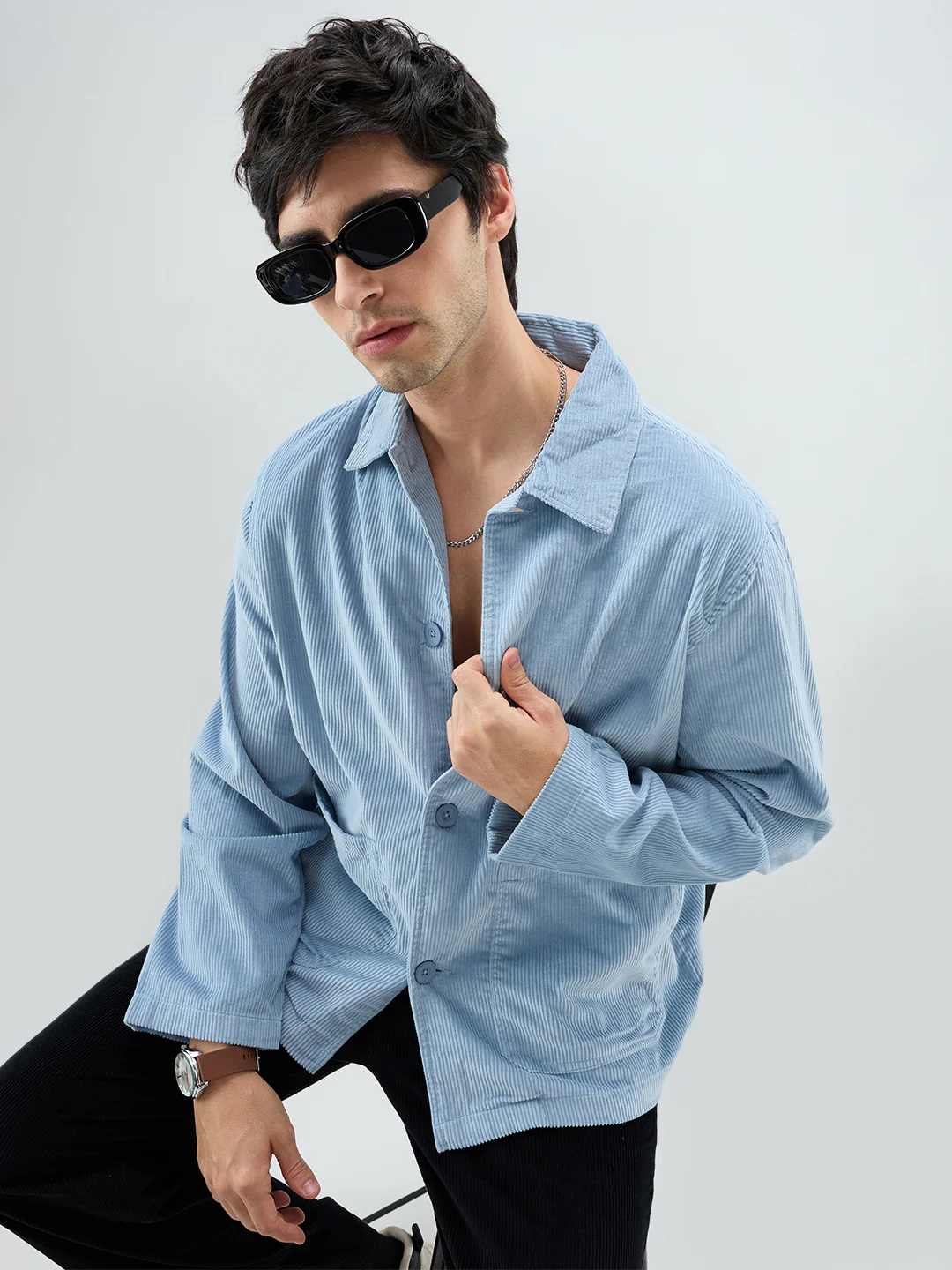 Exquisite Blue Corduroy Double Pocket Oversized Shacket - Image 4
