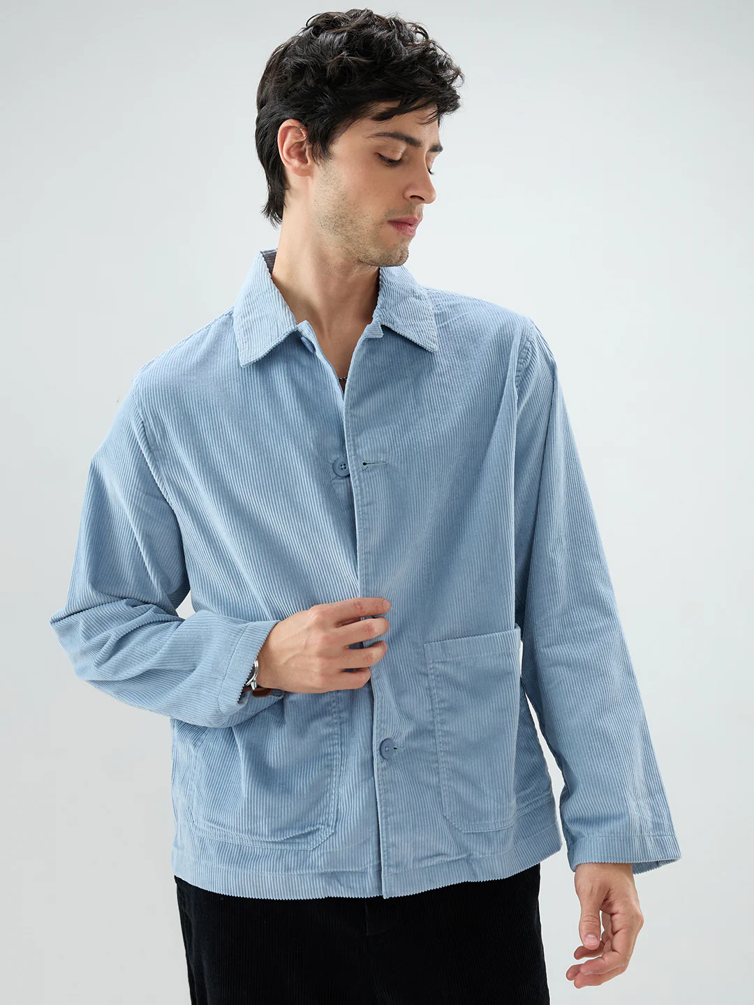 Exquisite Blue Corduroy Double Pocket Oversized Shacket - Image 5