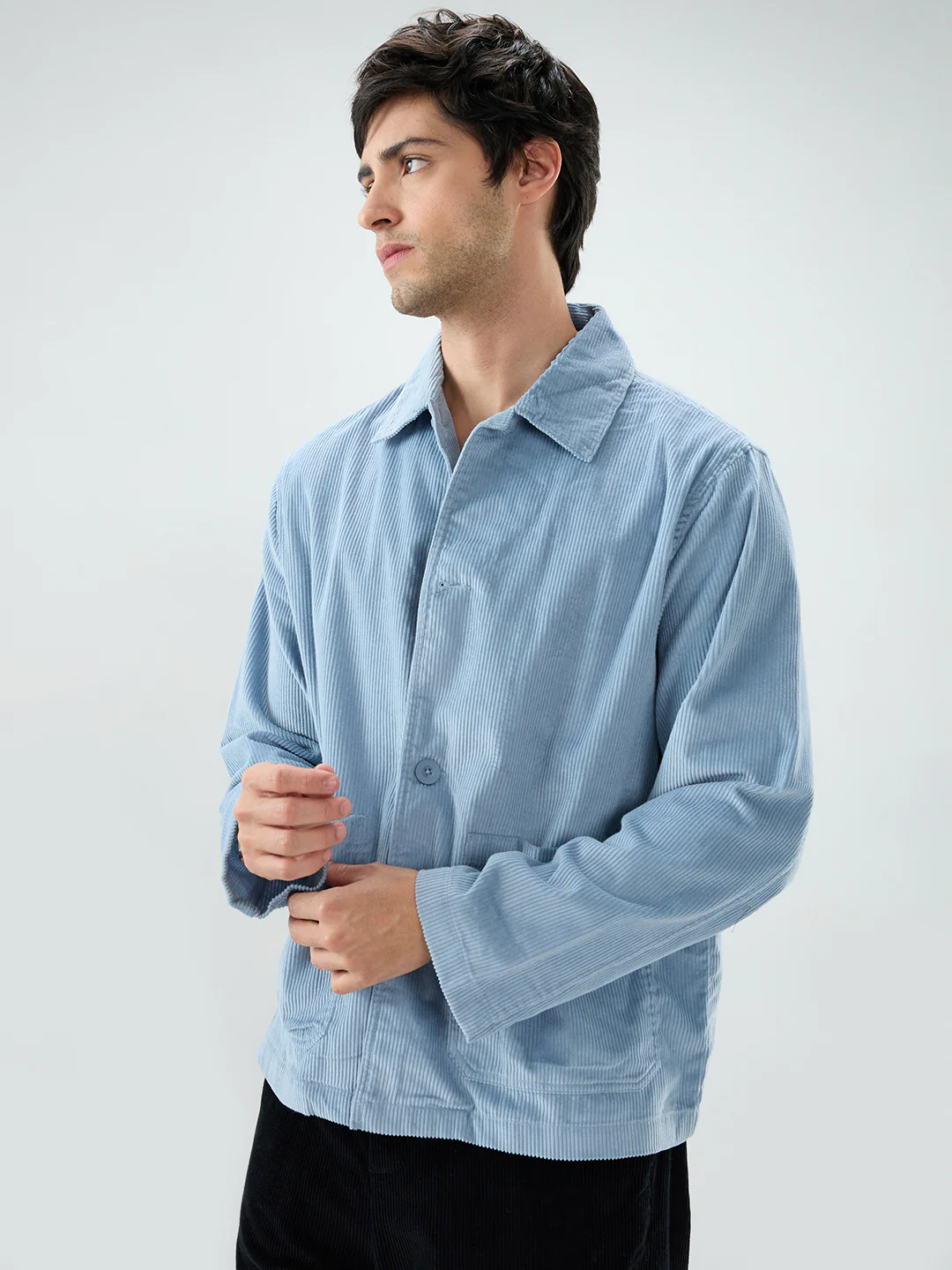 Exquisite Blue Corduroy Double Pocket Oversized Shacket - Image 6