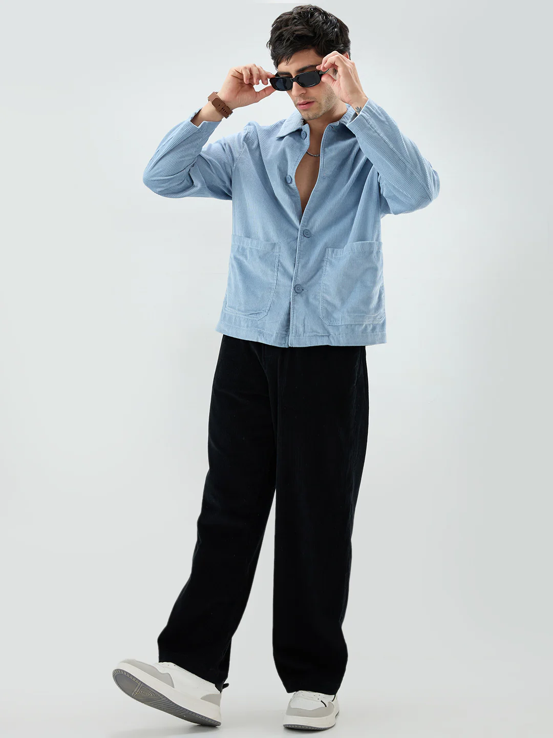 Exquisite Blue Corduroy Double Pocket Oversized Shacket - Image 8