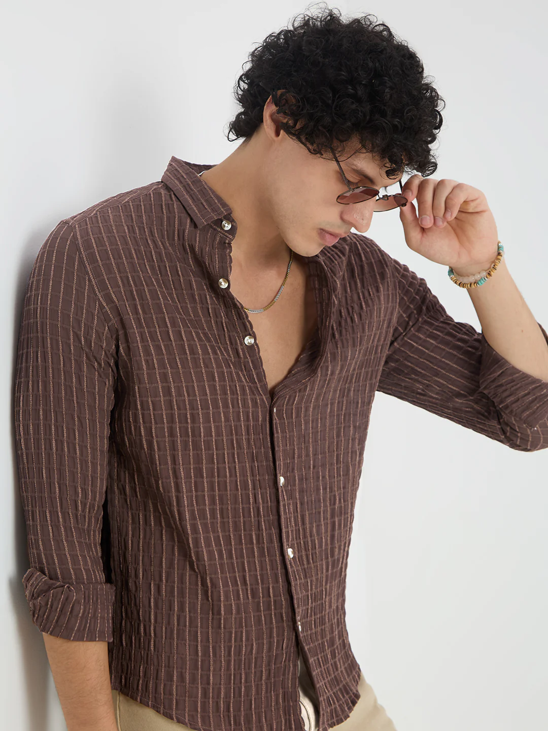 Exquisite Mocha Brown Checked Crinkled Shirt - Image 2