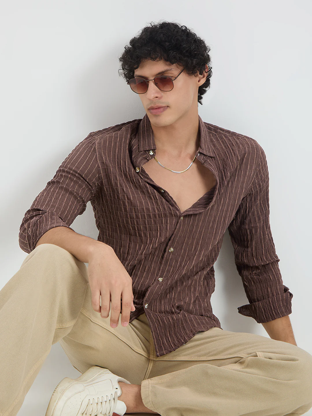 Exquisite Mocha Brown Checked Crinkled Shirt - Image 4