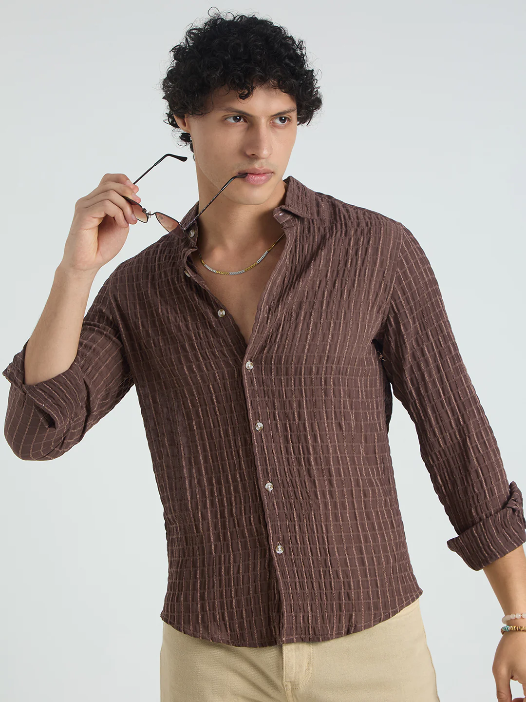 Exquisite Mocha Brown Checked Crinkled Shirt - Image 5