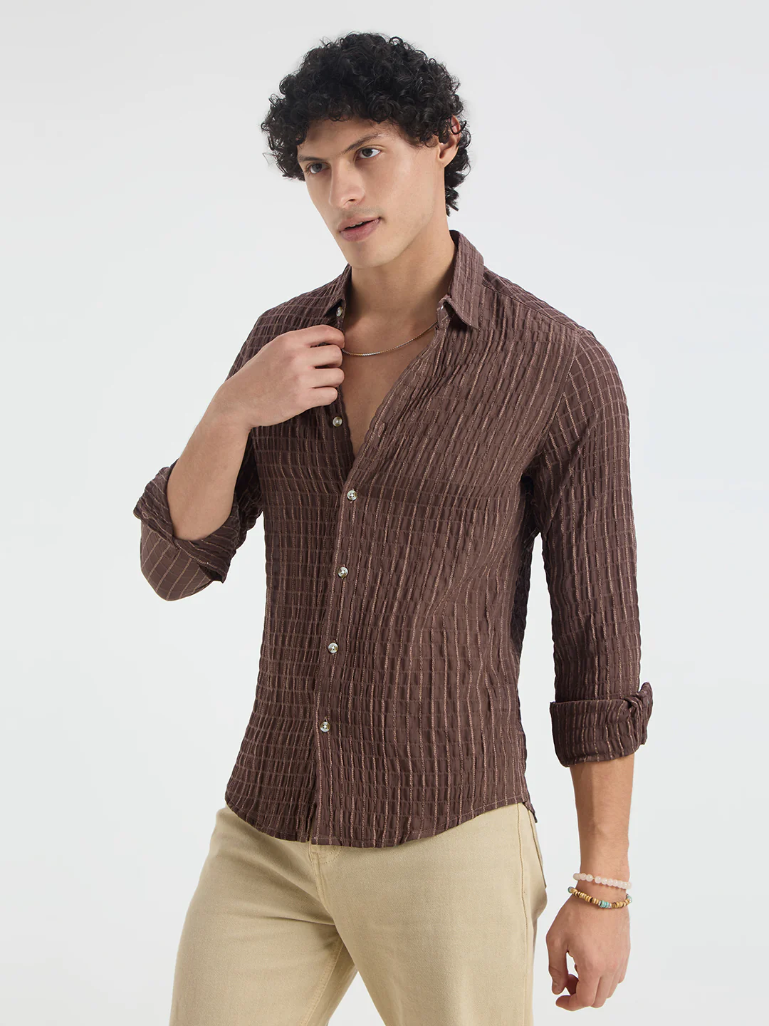 Exquisite Mocha Brown Checked Crinkled Shirt - Image 6
