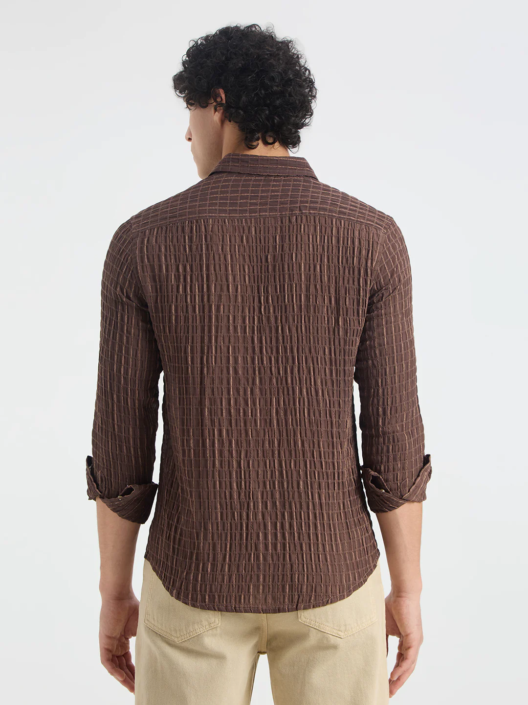 Exquisite Mocha Brown Checked Crinkled Shirt - Image 7