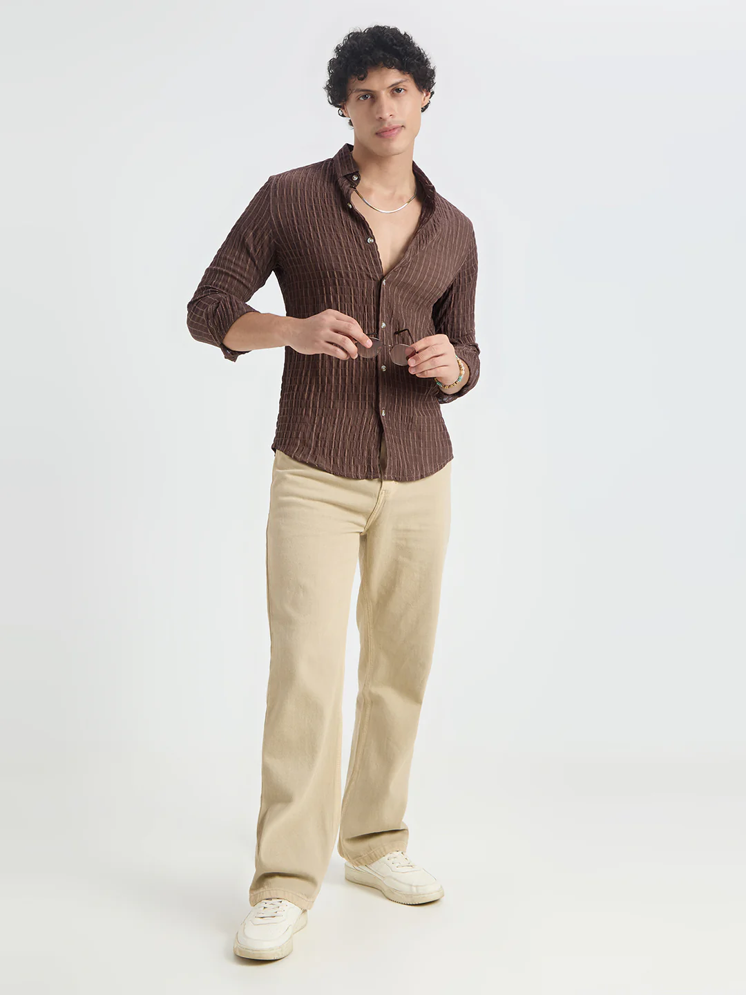 Exquisite Mocha Brown Checked Crinkled Shirt - Image 8