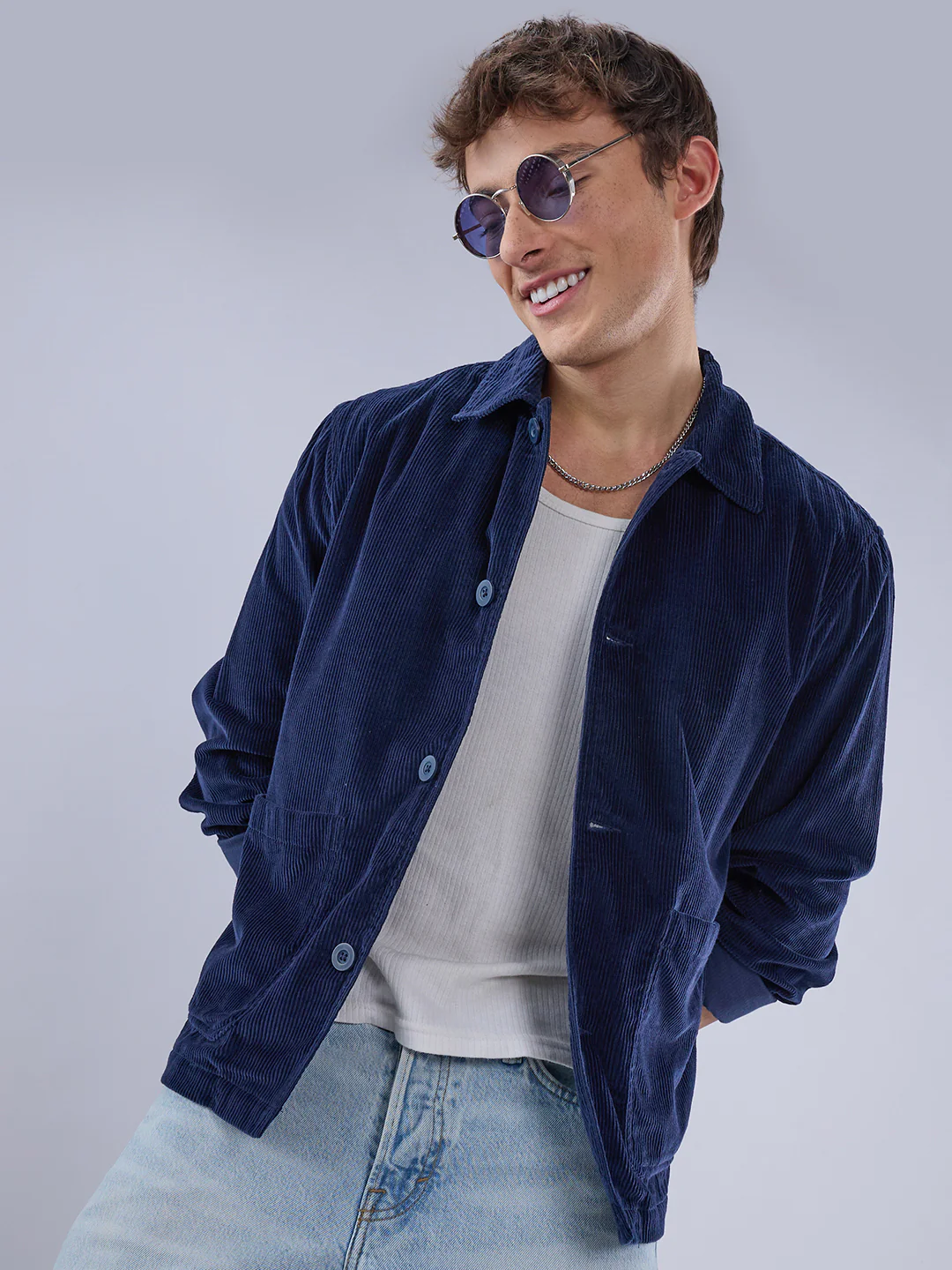 Exquisite Navy Corduroy Double Pocket Oversized Shacket - Image 2