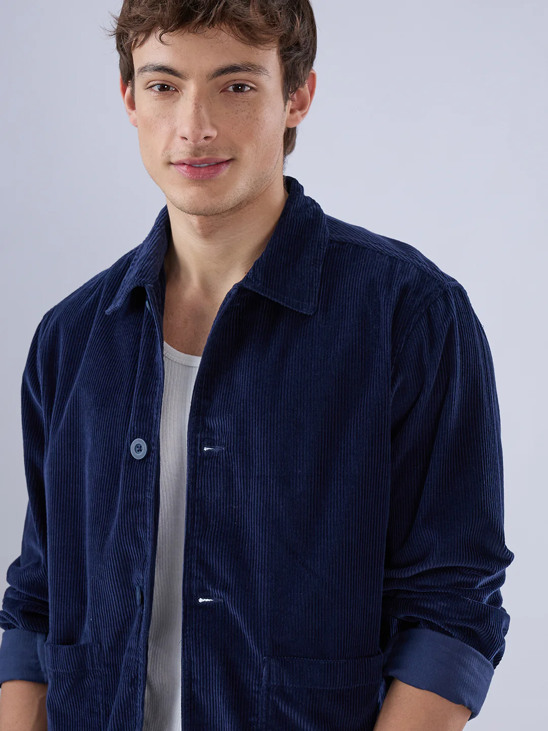 Exquisite Navy Corduroy Double Pocket Oversized Shacket - Image 3