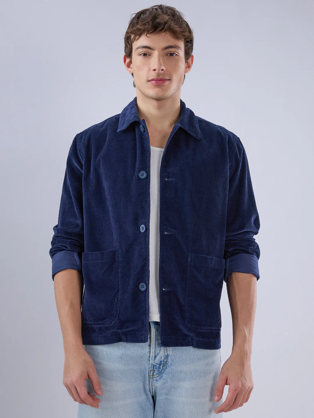 Exquisite Navy Corduroy Double Pocket Oversized Shacket - Image 4