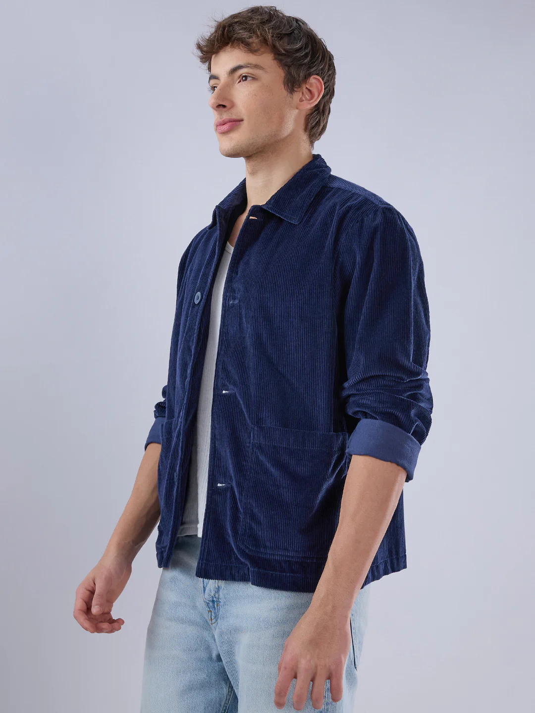 Exquisite Navy Corduroy Double Pocket Oversized Shacket - Image 5
