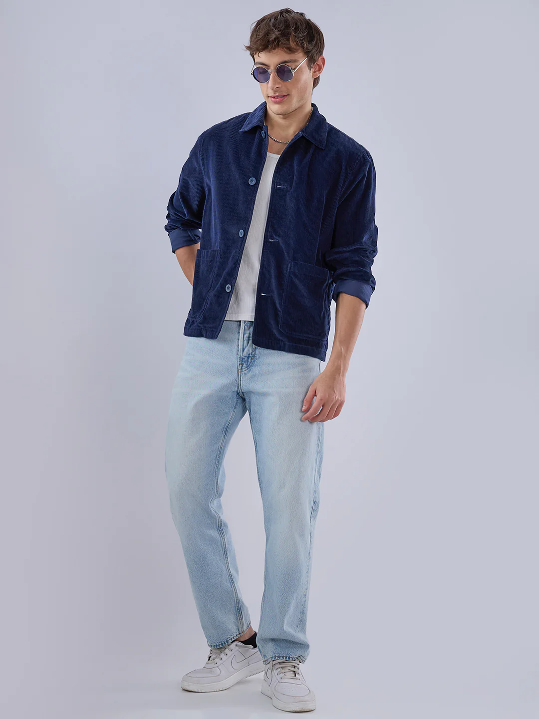 Exquisite Navy Corduroy Double Pocket Oversized Shacket - Image 7