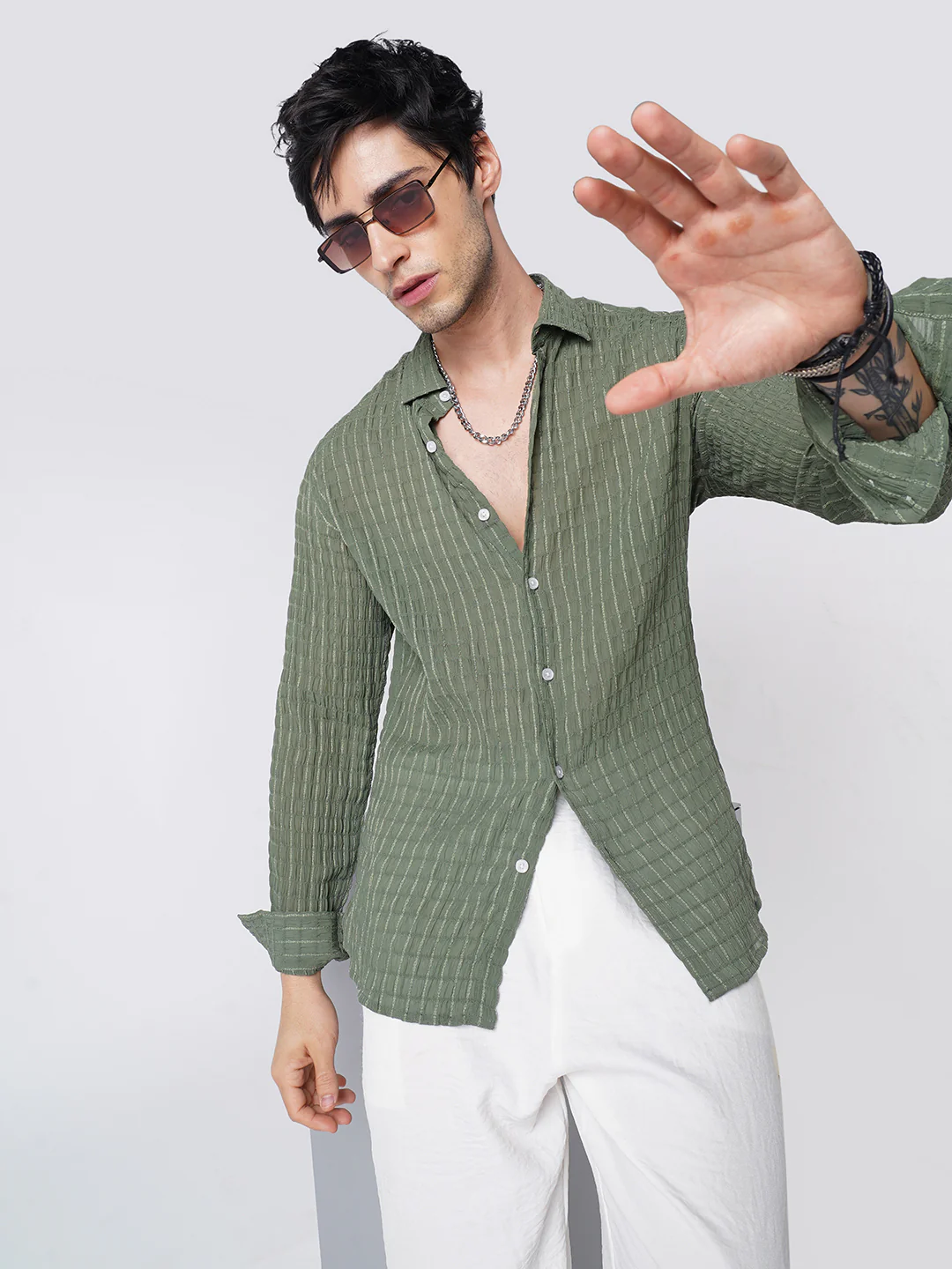 Exquisite Pine Green Checked Crinkled Shirt - Image 2