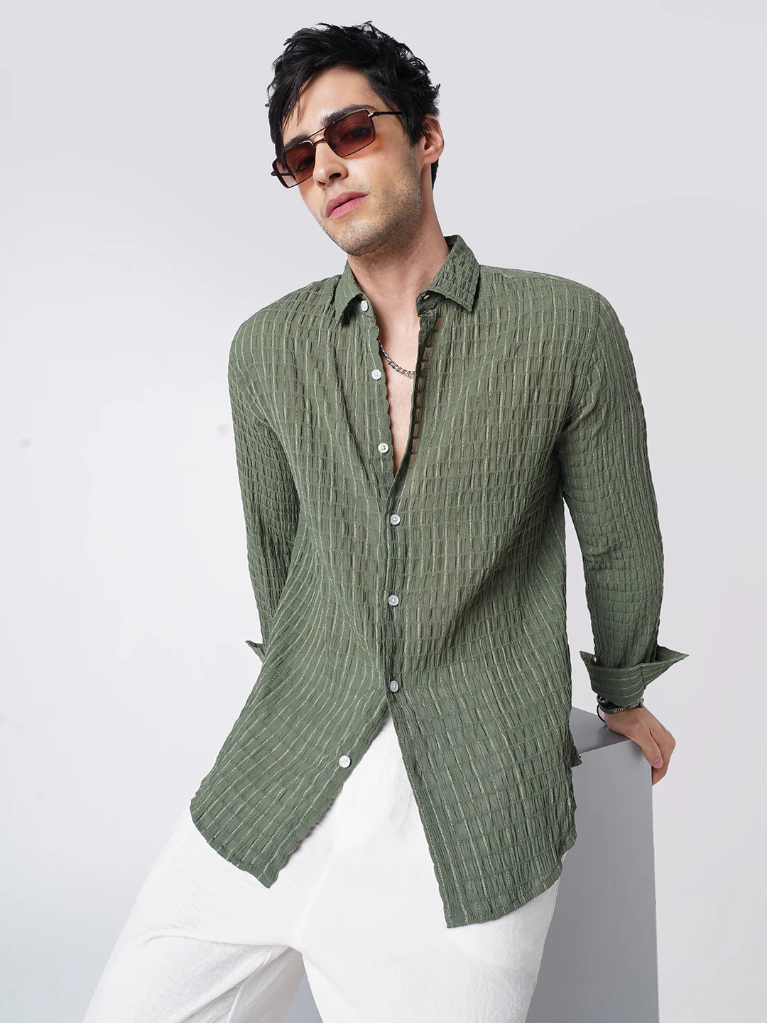 Exquisite Pine Green Checked Crinkled Shirt - Image 4