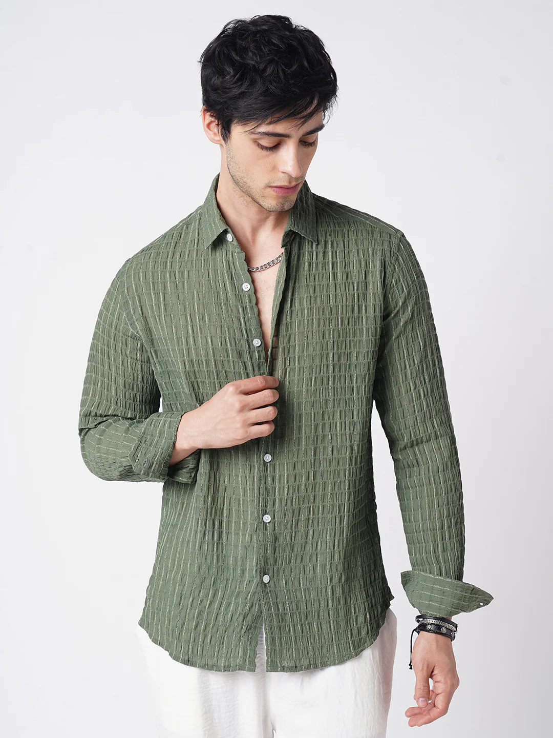 Exquisite Pine Green Checked Crinkled Shirt - Image 5