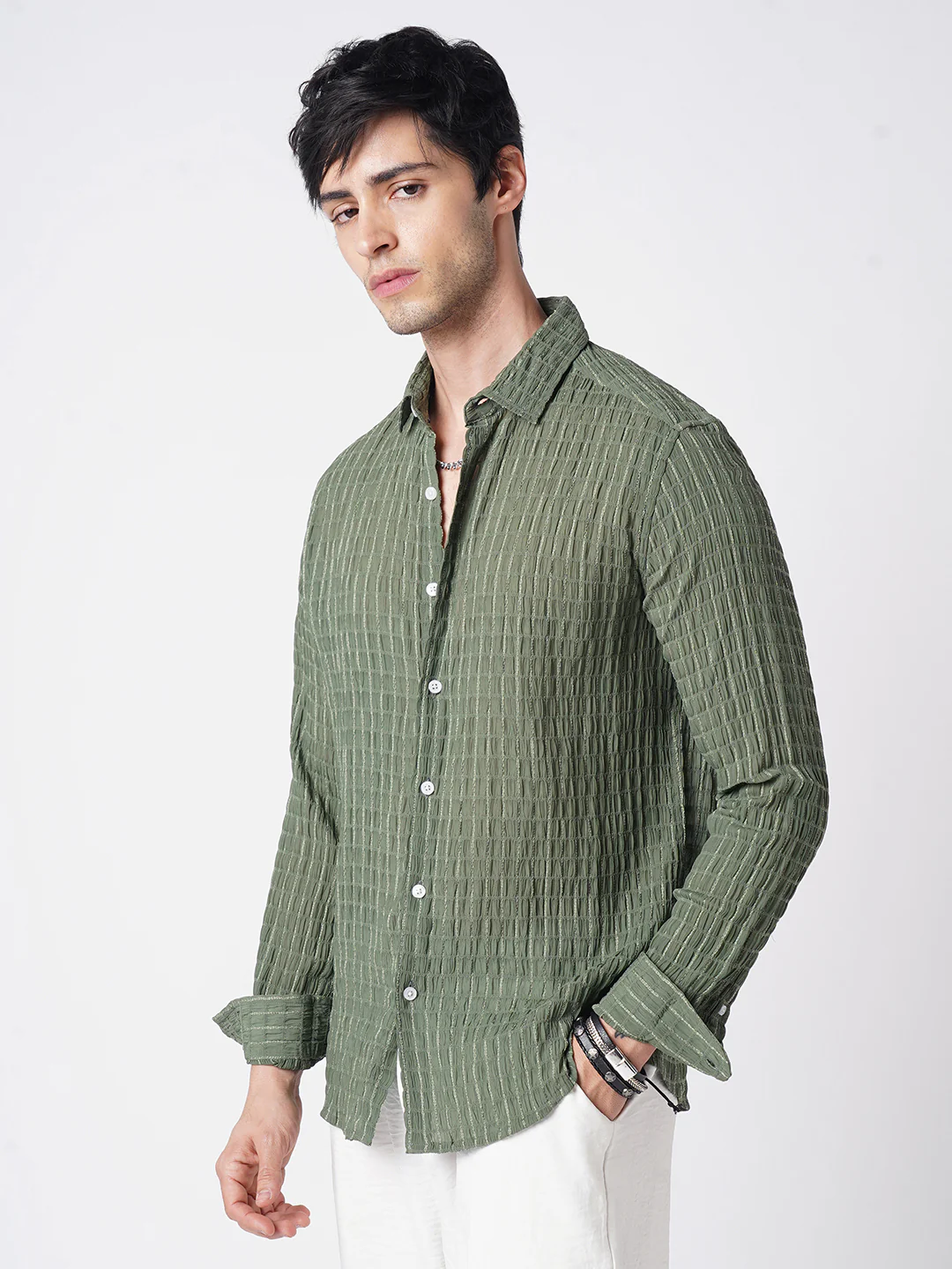 Exquisite Pine Green Checked Crinkled Shirt - Image 6