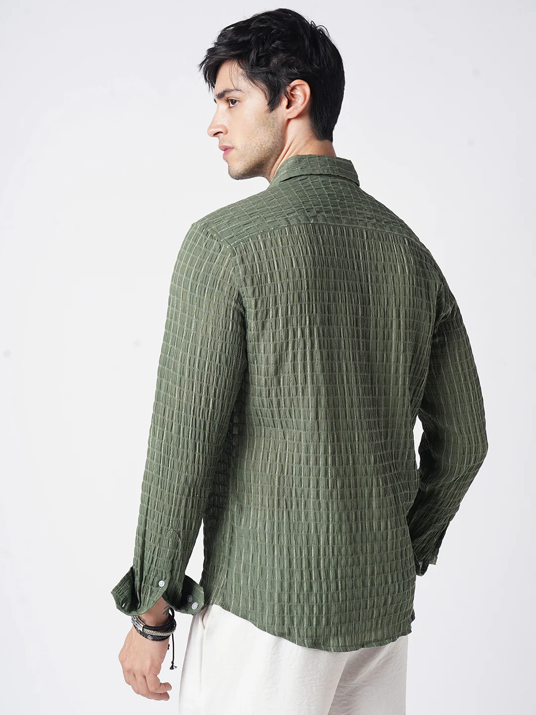 Exquisite Pine Green Checked Crinkled Shirt - Image 7