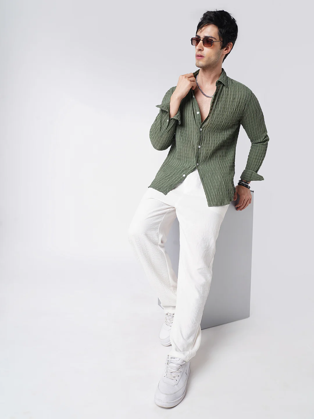 Exquisite Pine Green Checked Crinkled Shirt - Image 8