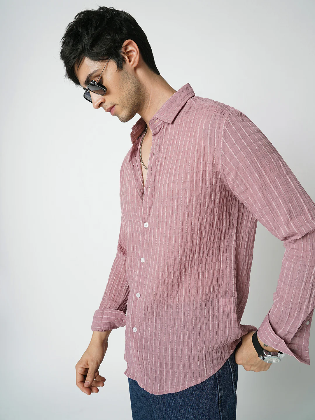 Exquisite Puce Pink Checked Crinkled Shirt - Image 2