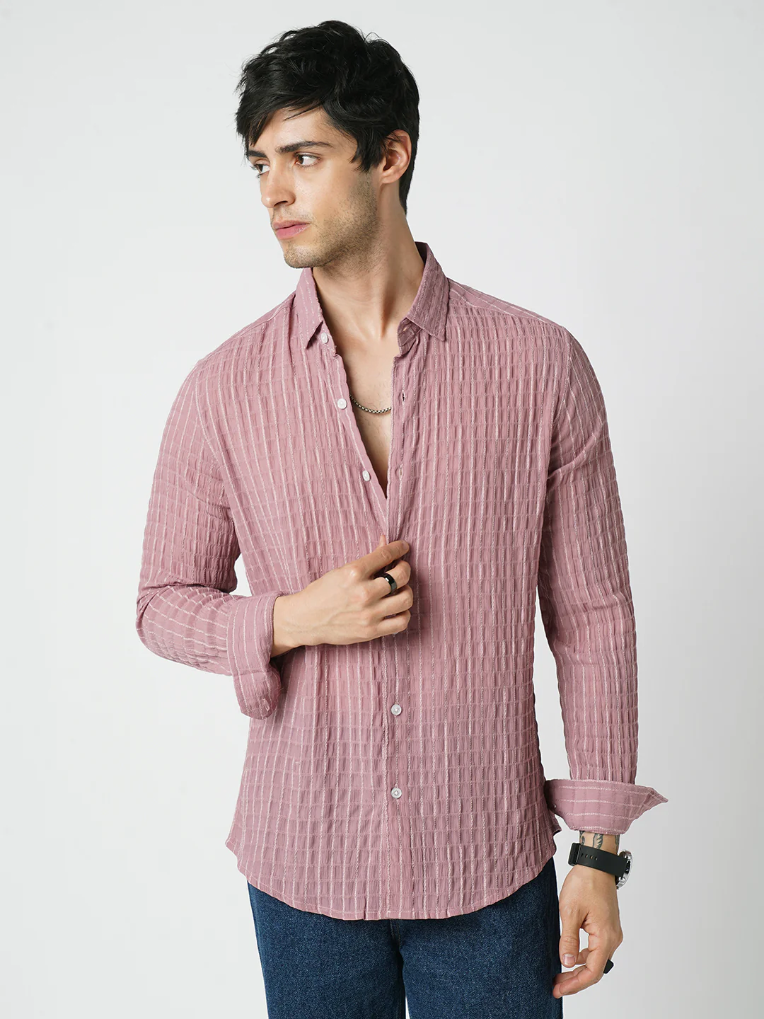 Exquisite Puce Pink Checked Crinkled Shirt - Image 4