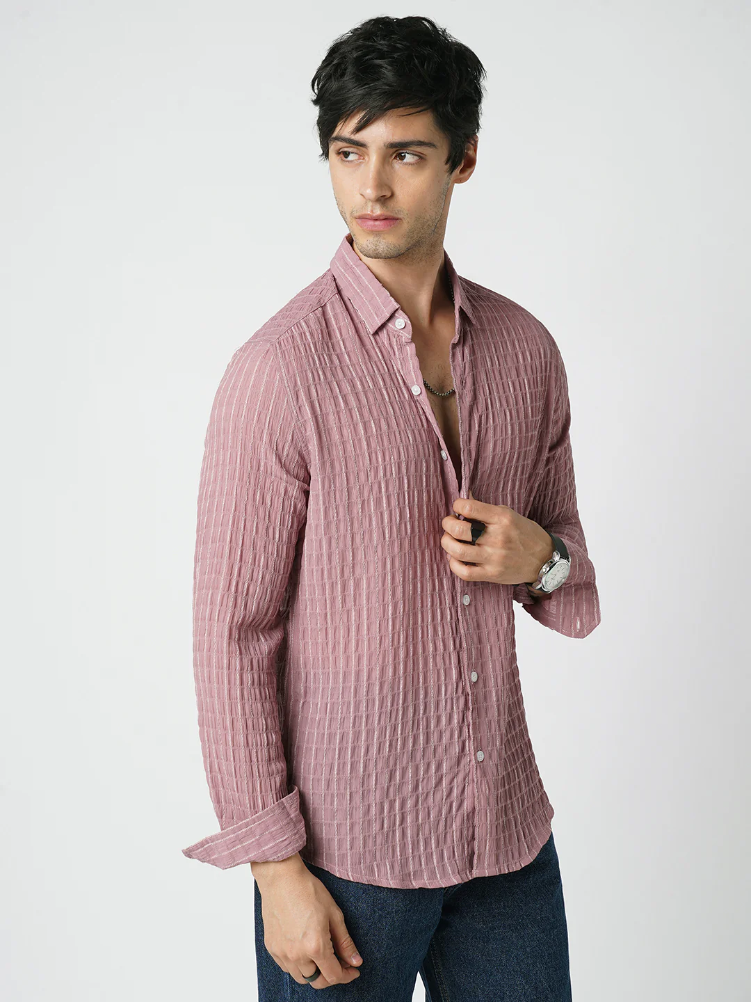 Exquisite Puce Pink Checked Crinkled Shirt - Image 5
