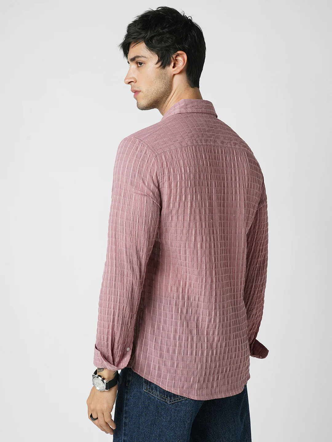 Exquisite Puce Pink Checked Crinkled Shirt - Image 6
