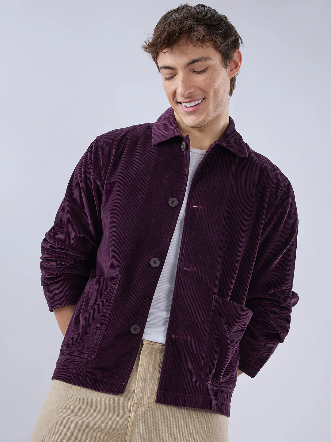 Exquisite Wine Corduroy Double Pocket Oversized Shacket - Image 2