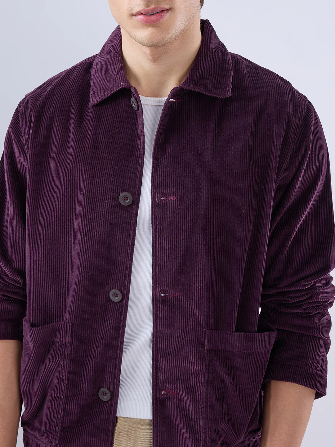 Exquisite Wine Corduroy Double Pocket Oversized Shacket - Image 3