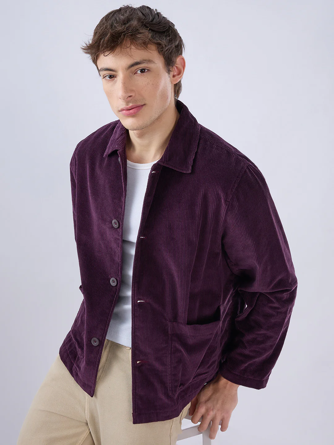 Exquisite Wine Corduroy Double Pocket Oversized Shacket - Image 4