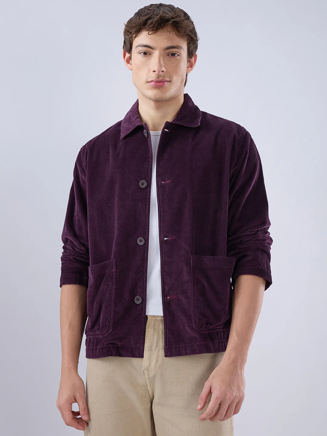 Exquisite Wine Corduroy Double Pocket Oversized Shacket - Image 5