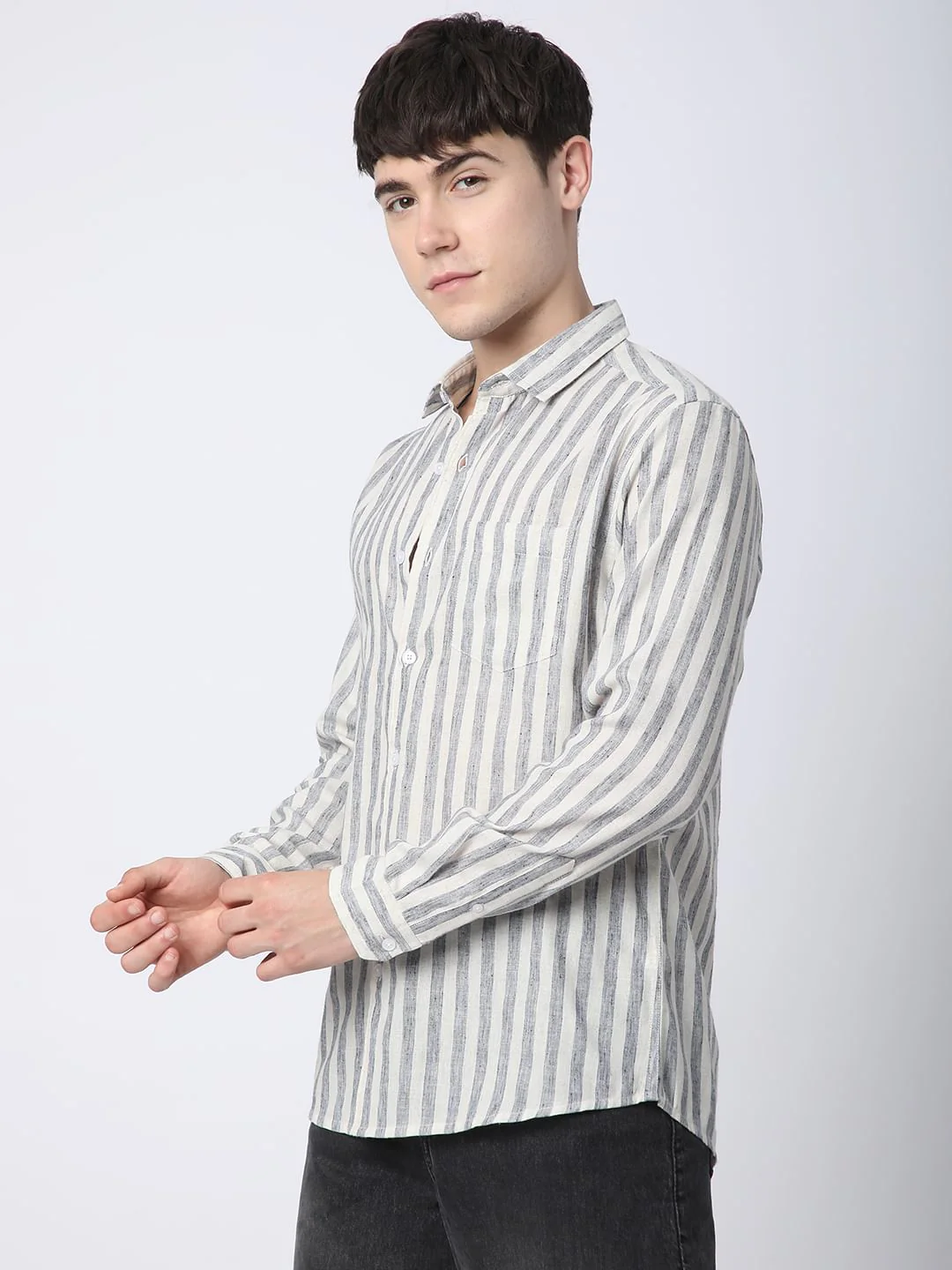 Faded Navy & Off-White Candy Striped Linen Shirt - Image 5