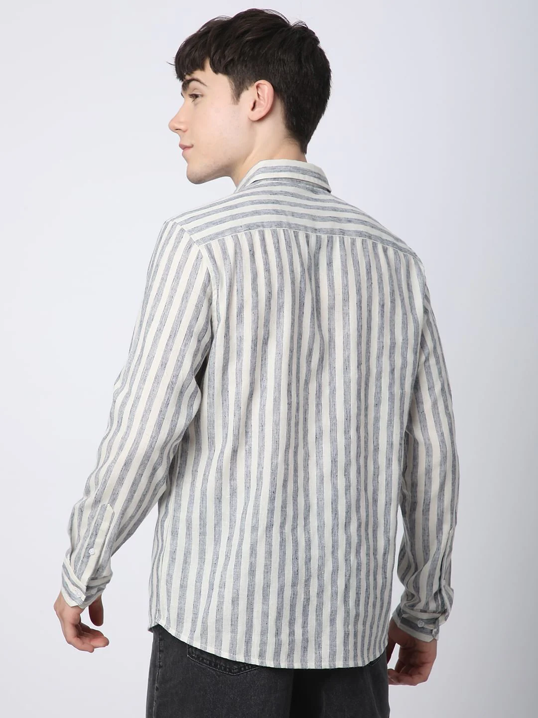 Faded Navy & Off-White Candy Striped Linen Shirt - Image 6