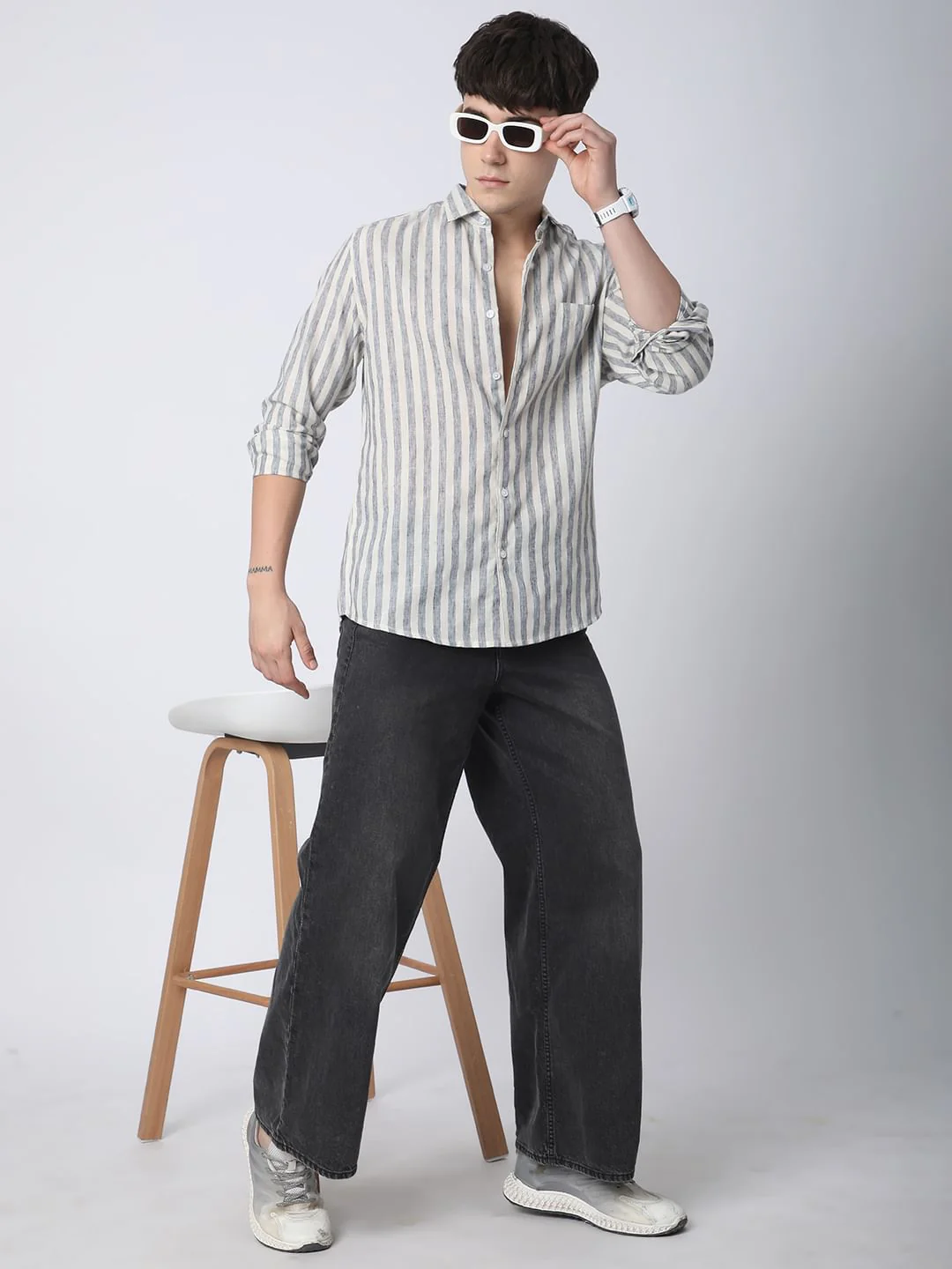 Faded Navy & Off-White Candy Striped Linen Shirt - Image 7