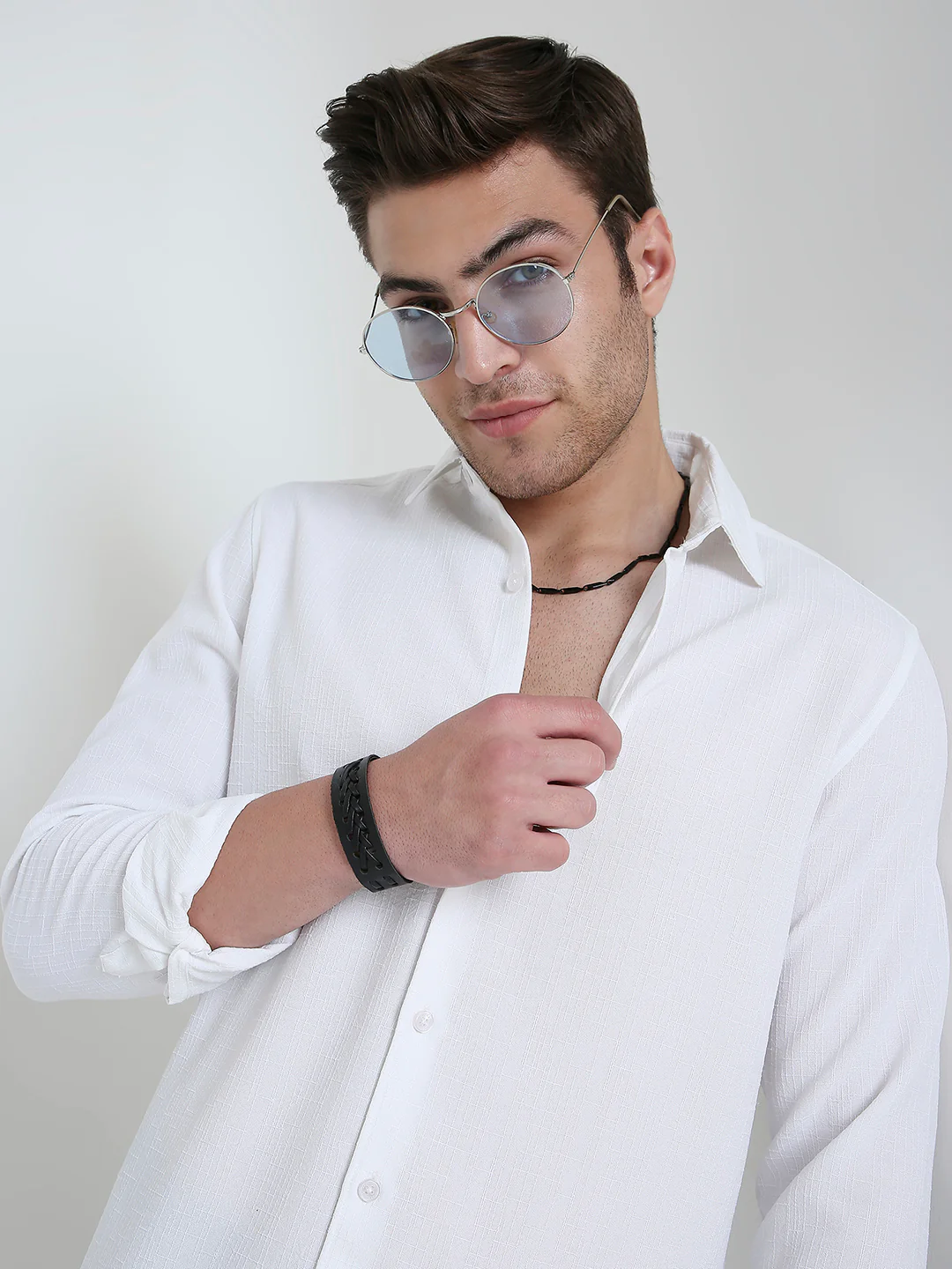 Feather White Elegant Grid Textured Shirt - Image 2