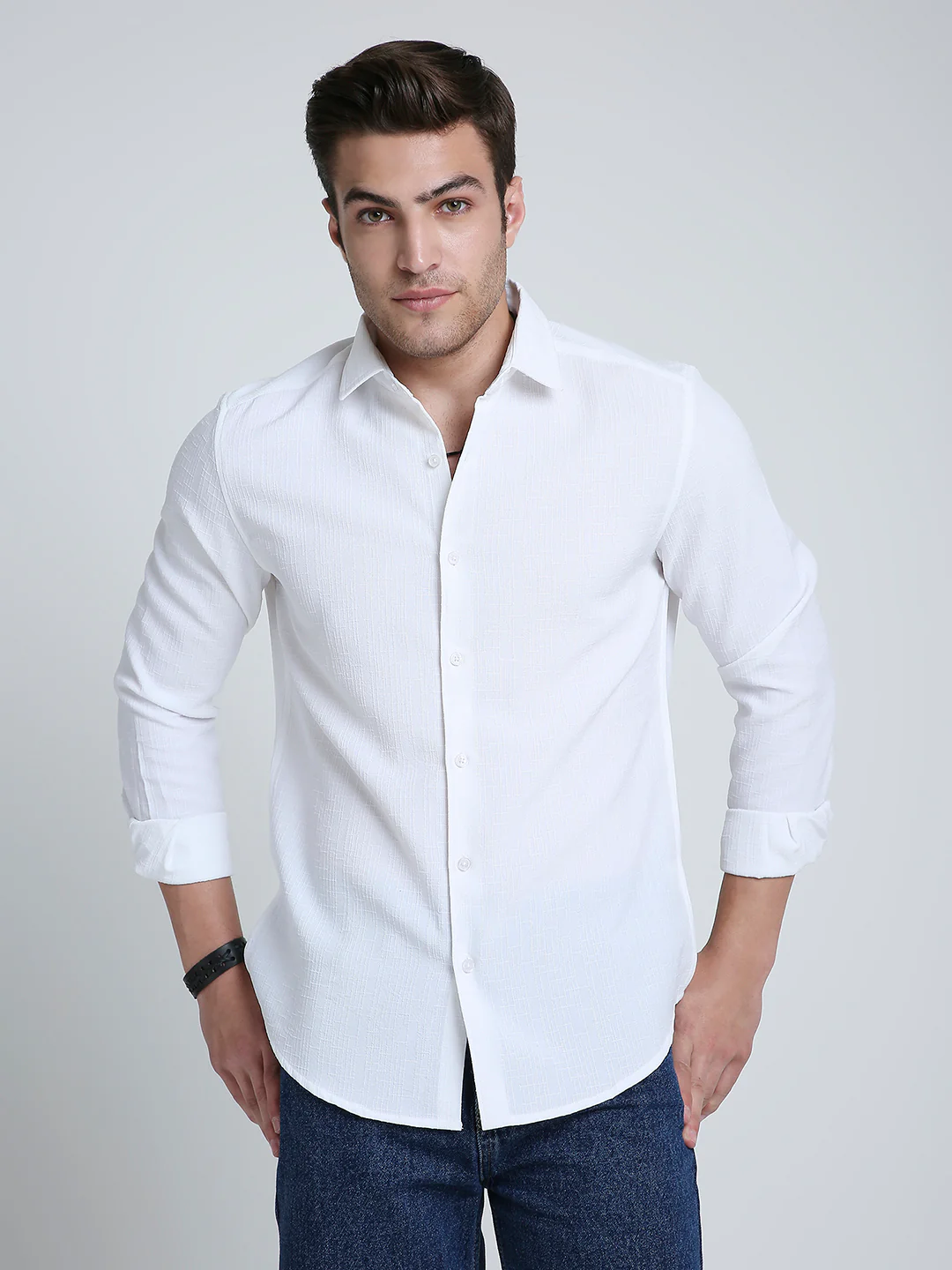 Feather White Elegant Grid Textured Shirt - Image 4