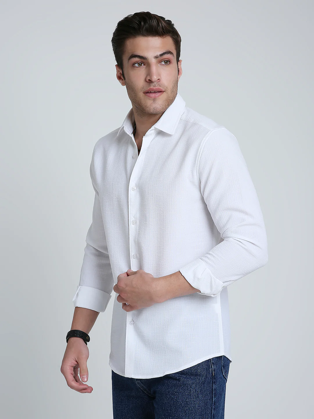 Feather White Elegant Grid Textured Shirt - Image 5