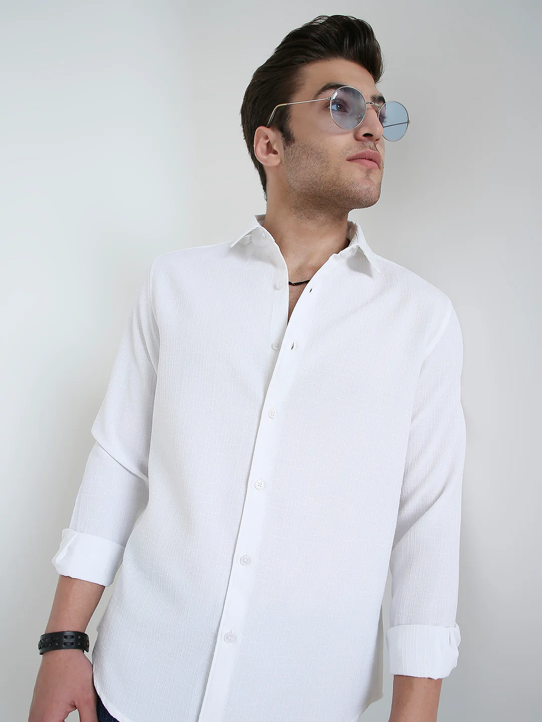 Feather White Elegant Grid Textured Shirt - Image 7