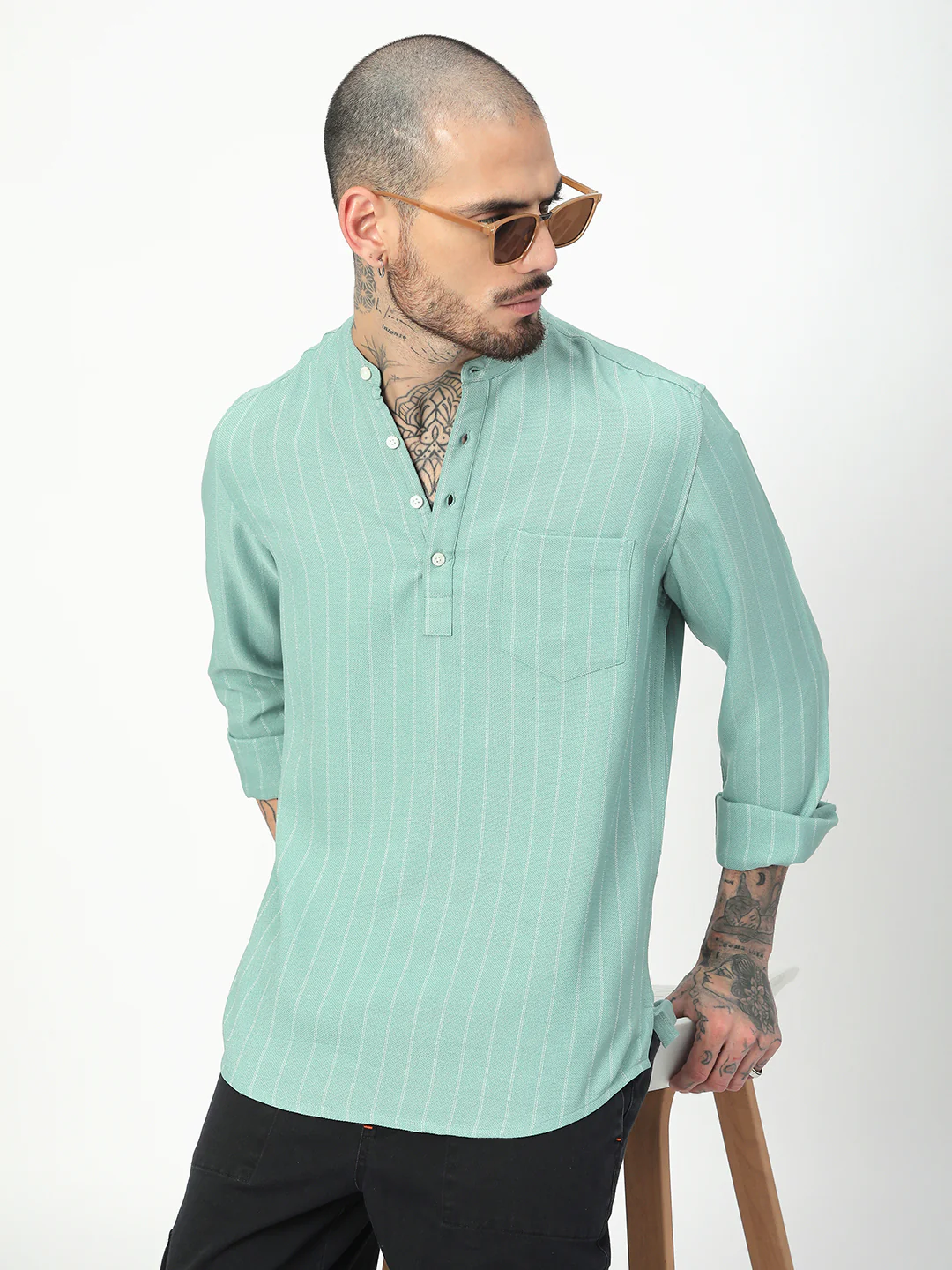 Fern Green Chalk Striped Kurta - Image 2