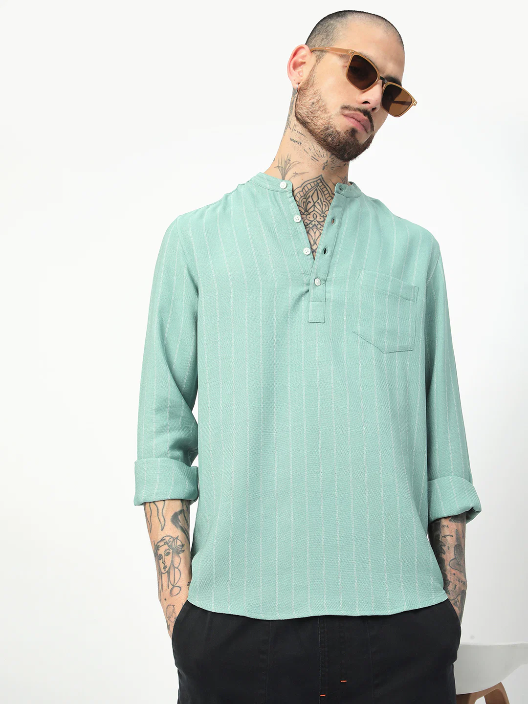 Fern Green Chalk Striped Kurta - Image 4