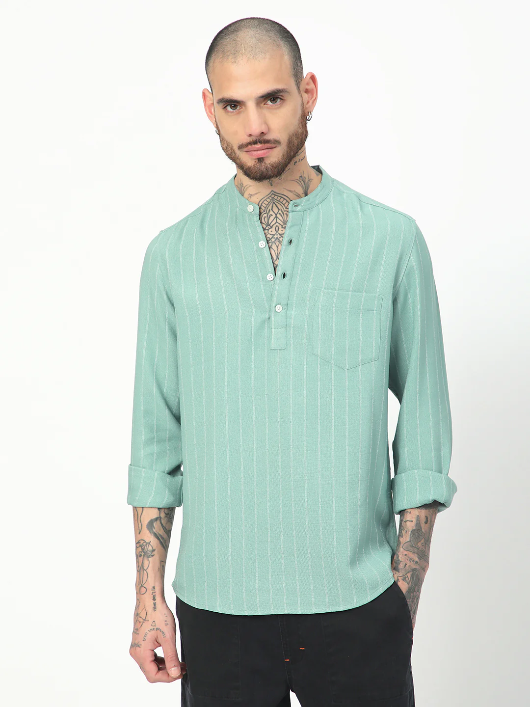 Fern Green Chalk Striped Kurta - Image 5
