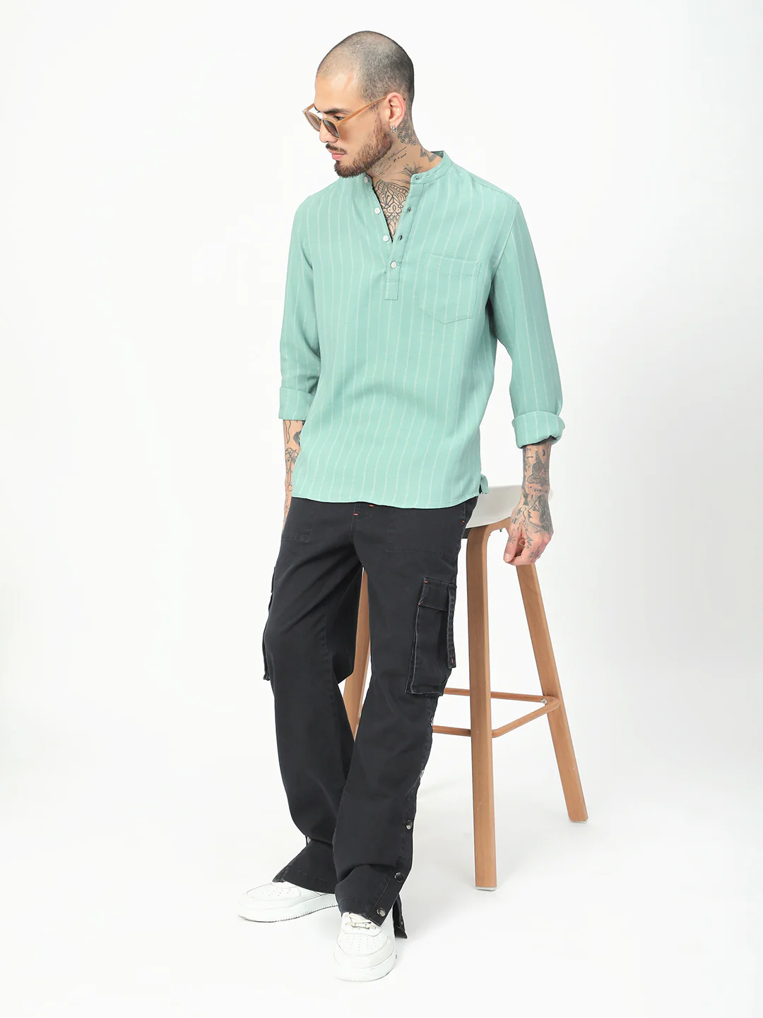 Fern Green Chalk Striped Kurta - Image 8