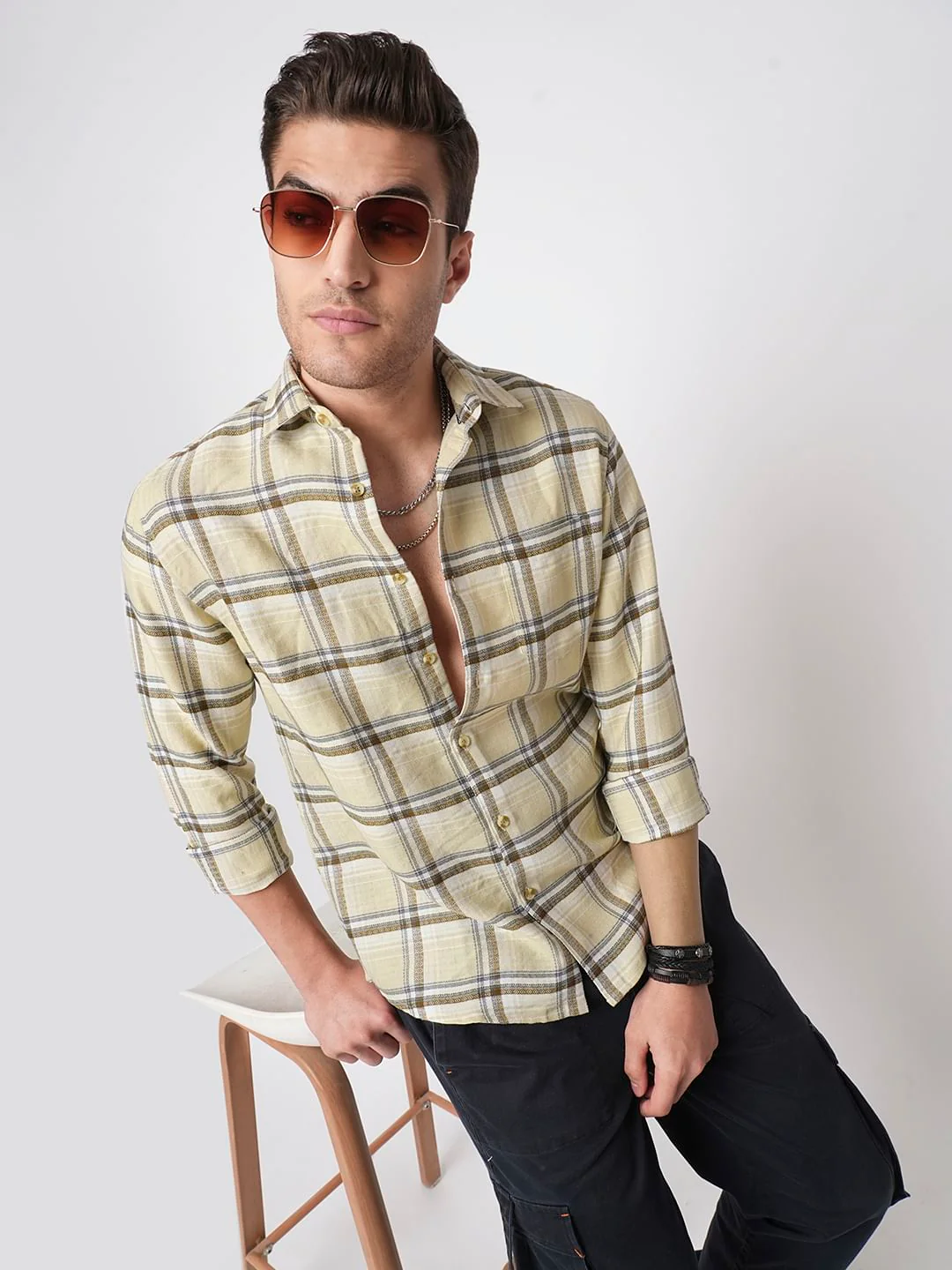 Finesse Beige Box Checks Shirt - Image 2