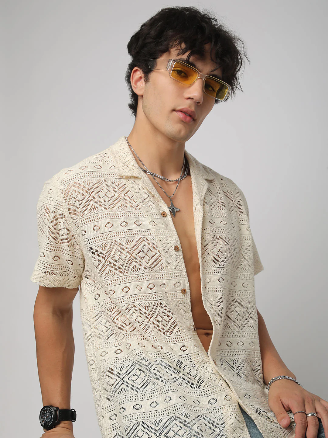 Finesse Ivory Breezy Mesh Crochet Oversized Shirt - Image 2