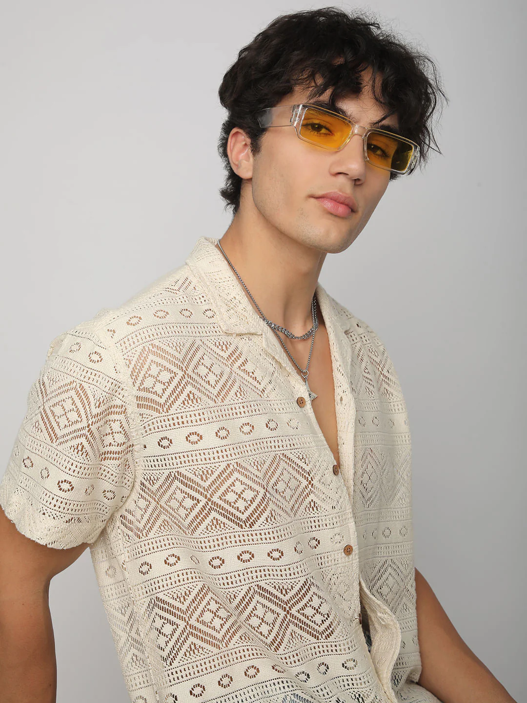 Finesse Ivory Breezy Mesh Crochet Oversized Shirt - Image 4