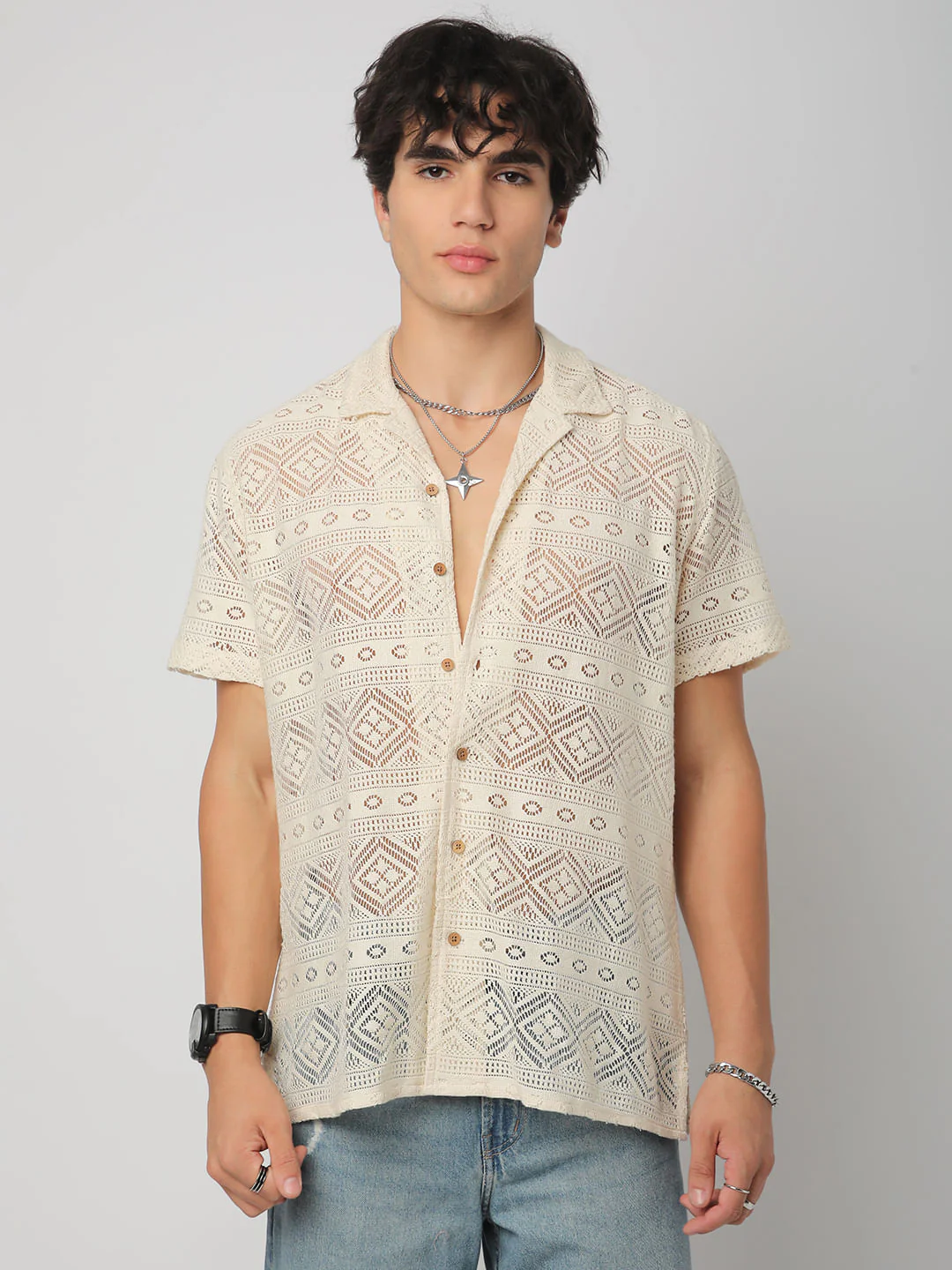 Finesse Ivory Breezy Mesh Crochet Oversized Shirt - Image 5