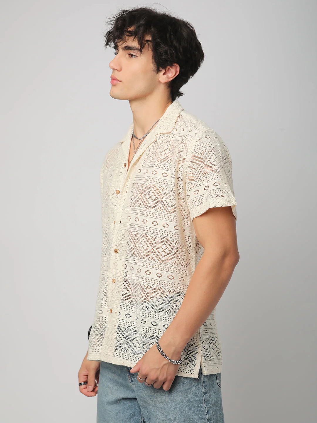 Finesse Ivory Breezy Mesh Crochet Oversized Shirt - Image 6
