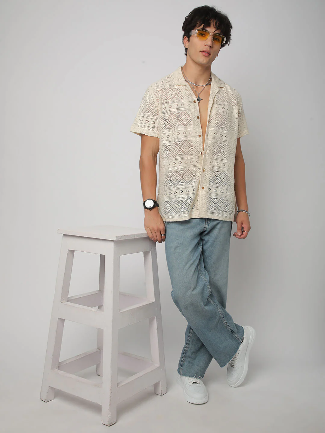 Finesse Ivory Breezy Mesh Crochet Oversized Shirt - Image 8