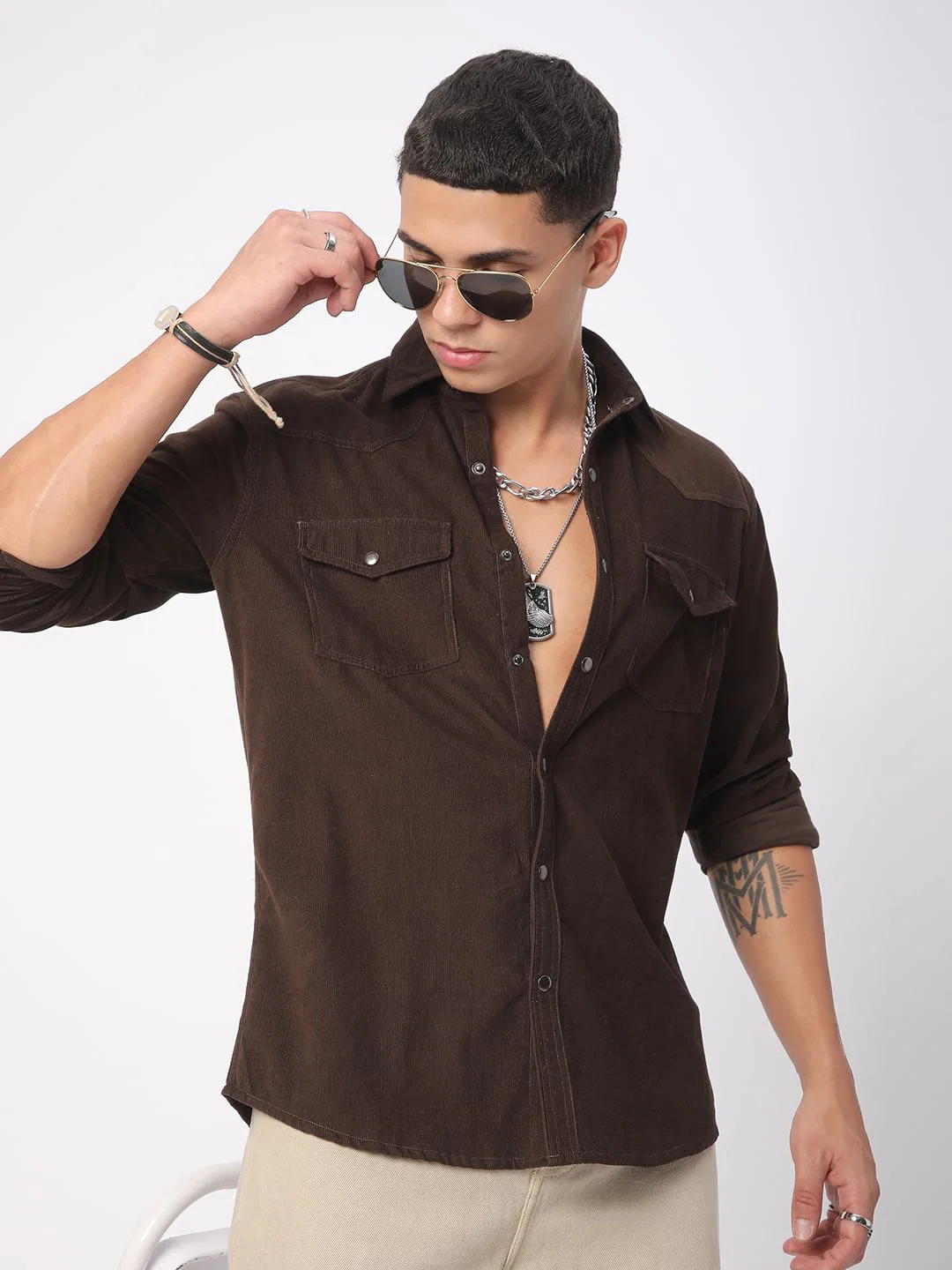 Finesse Umber Brown Double Flap Pocket Corduroy Overshirt - Image 4