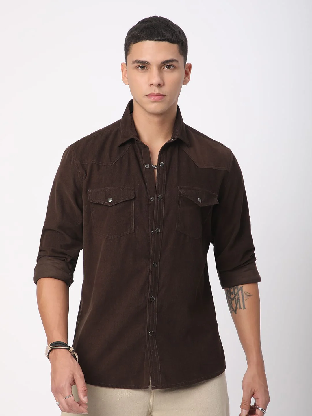Finesse Umber Brown Double Flap Pocket Corduroy Overshirt - Image 5