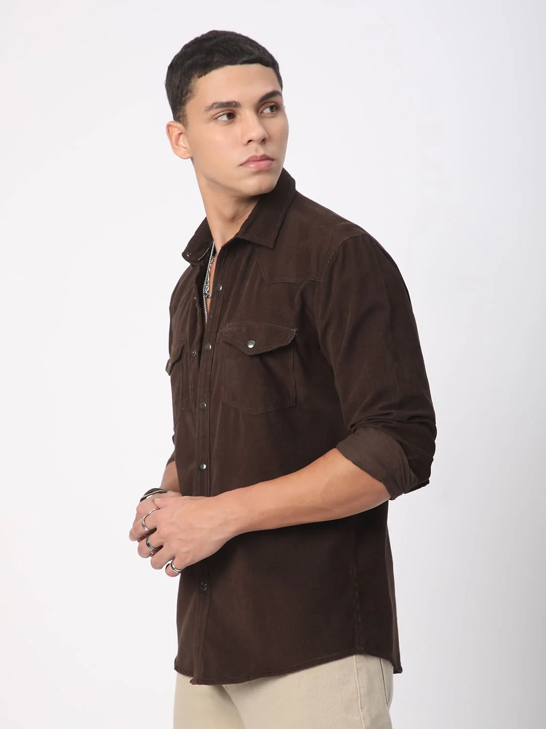 Finesse Umber Brown Double Flap Pocket Corduroy Overshirt - Image 6